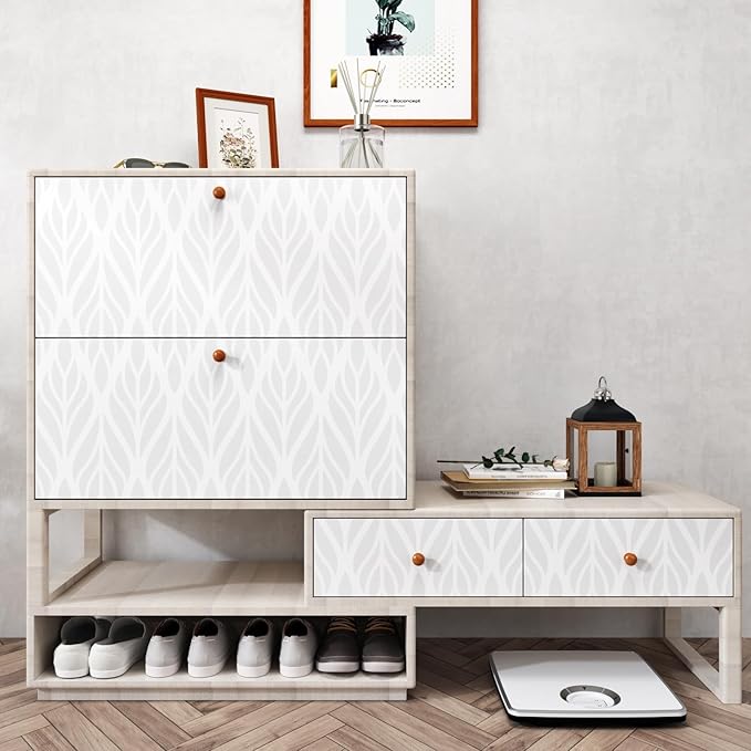 Modern Grey White Geometric Peel and Stick Wallpaper Self Adhesive Grey Floral Geometric Contact Paper Removable Boho Floral Contact Paper for Bedroom Bathroom Cabinets Wall Decor 17.5"x315"