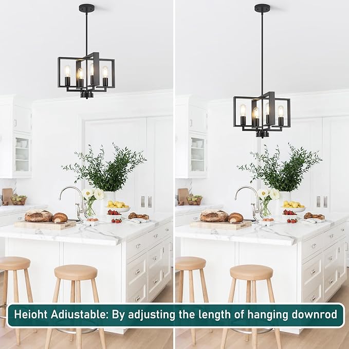 4-Light Modern Farmhouse Black Chandeliers for Entryway, 16'' Geometric Pendant Lights Kitchen Island, Hanging Industrial Metal Chandelier for Stairway Foyer Hallway Dining Room