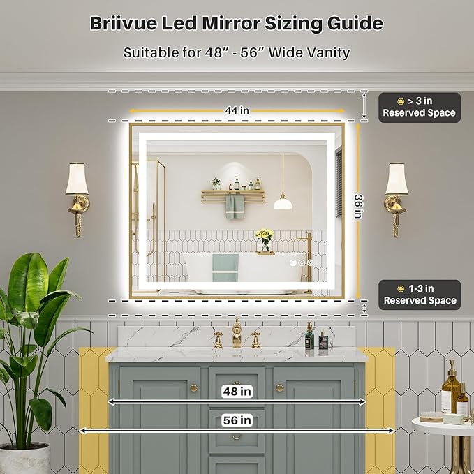 44x36 Inch LED Bathroom Mirror with Gold Frame, Backlit & Front Lit, Anti-Fog Lighted Bathroom Vanity Mirror for Wall, Memory Function, Dimmable, HD Tempered Glass, Shatter-Proof