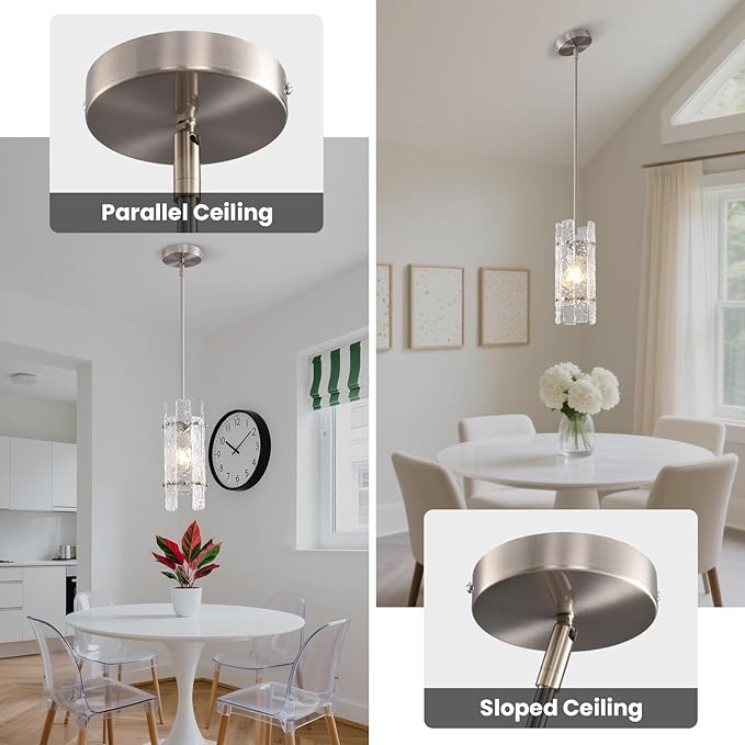Brushed nickel Crystal Pendant Light for Kitchen Island, Luxury Mini Water Ripple Glass Chandelier Fixture, Modern Round Adjustable Hanging Pendant Lighting for Dining Room Bathroom Hallway (3-Pack)