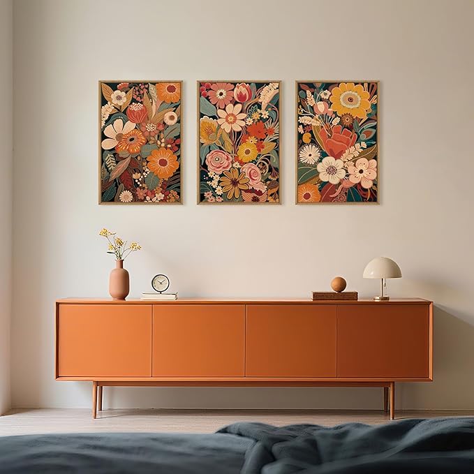 Large Brunt Orange Floral Framed Canvas Wall Art,Colorful Vintage Blossom Wall Decor, Boho Retro Flower Artwork,Mid Century Wildflower Botanical Art Print for Living Room,Bedroom- 16"x24"x3