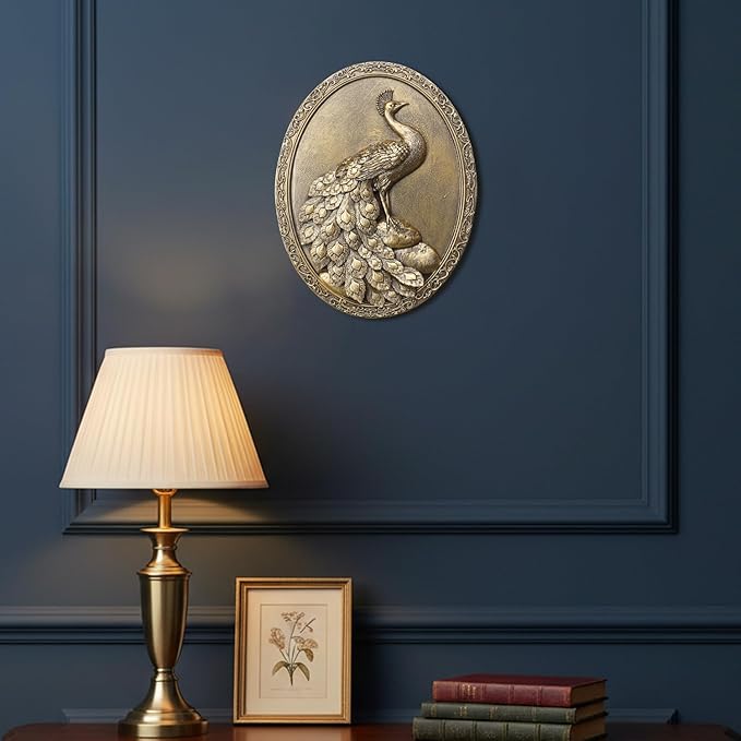 Newinhome Vintage Peacock Wall Sculpture Antique Wall Decor, Hand Painted Wall Decoration with Embossed Peacock Design, Gold Decor for Bedroom Living Room Hallway, Housewarming Gift