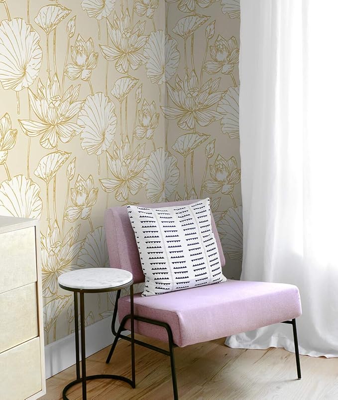 NextWall Lotus Floral Peel and Stick Wallpaper (Metallic Gold & Cream)