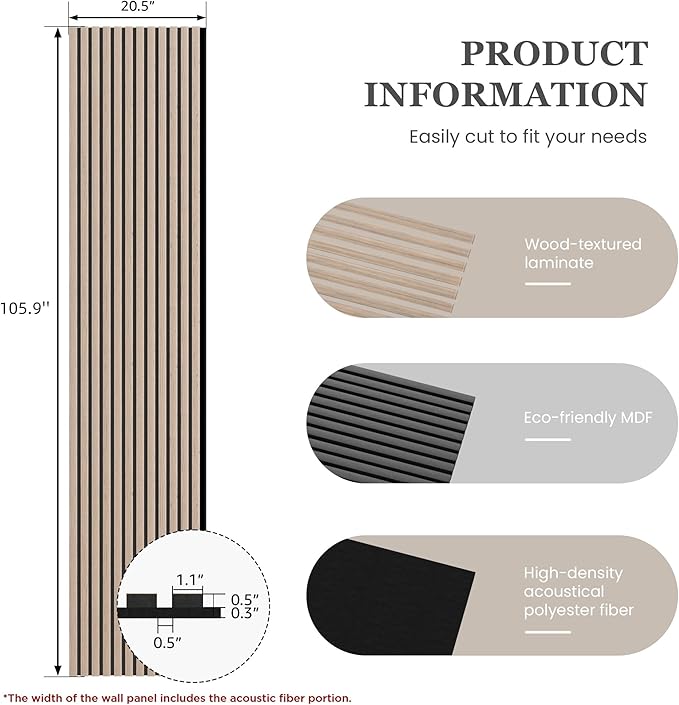 2 Pack 105.9" x 20.5" x 0.8" Acoustic Wall Panels Sound Absorbing, Wood Slat Wall Panels for Wall Decor, Soundproof Wood Wall Panels, Rustic Walnut