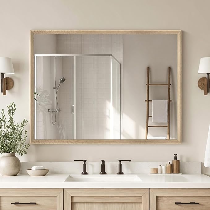 Oak Wood Effect Framed Wall Mirror, 30x40 Rectangle Mirror, 1/8" Anti-desilvering Tempered Glass, Sustainable& Sturdy Frame, Anti-Rust, HD Reflection &3min Fast Setup for Bathroom Living Room