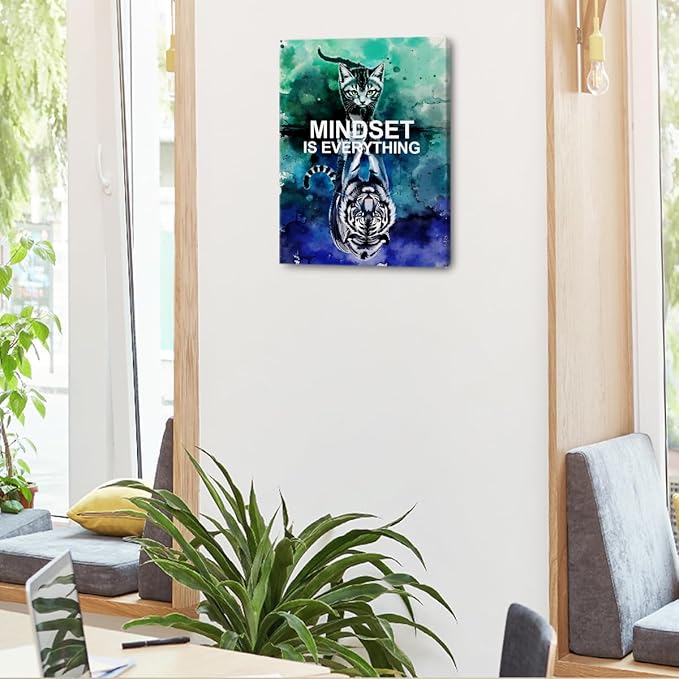 Mindset is Everything Motivational Canvas Wall Art, 11.4x15in Inspirational Quotes Framed Art Paintings Wall Decor Unique Cat Lover Gifts Prints Picture for Living Room Office Kitchen Decor