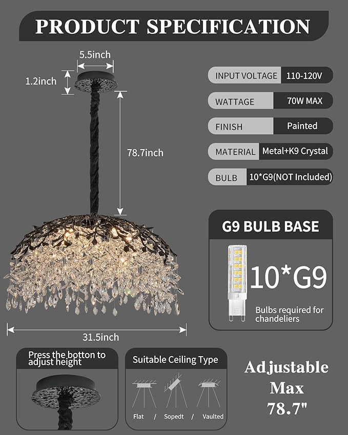 Modern Crystal Chandelier for Dining Room, 31.5" 10-Light Black Tree Branch Chandeliers, Luxury K9 Crystal Rectangular Chandeliers for Kitchen Island Living Room