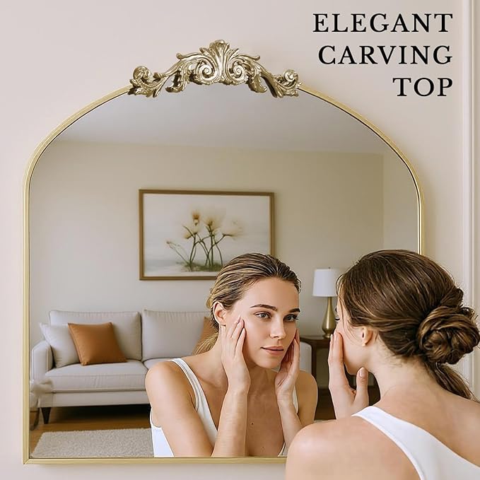 MISSDAY Vintage Arched Baroque Mirror for Wall, 36"X30" Antique Wall Mirror with Elegant Carving Top, Full Metal Frame Wall-Mounted Mirror for Bathroom, Living Room, Fireplace, Entryway, Retro Gold