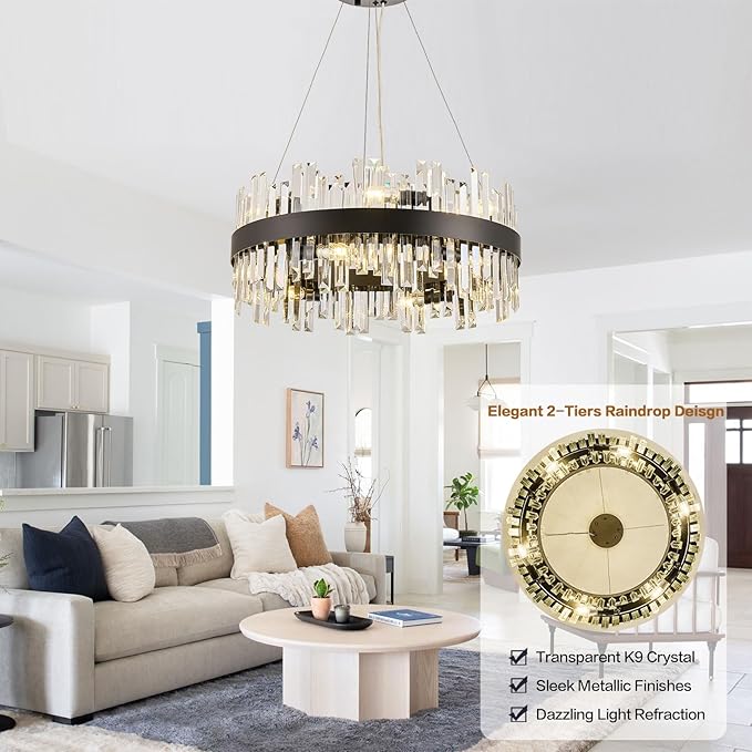 24'' Modern Black Crystal Chandeliers for Dining Room,2 Tiers K9 Crystal 12-Lights Luxury Chandelier Light Fixture Contemporary Pendant Ceiling Light for Living Room Kitchen Island Foyer