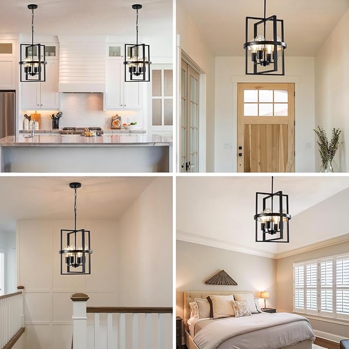 12.6"Black Chandelier for Dining Room, 4-Light Modern Farmhouse Chandelier with Geometric Cage Adjustable, Foyer Lighting Fixtures Rustic Pendant Lights for Kitchen Entryway Hallway Living Room