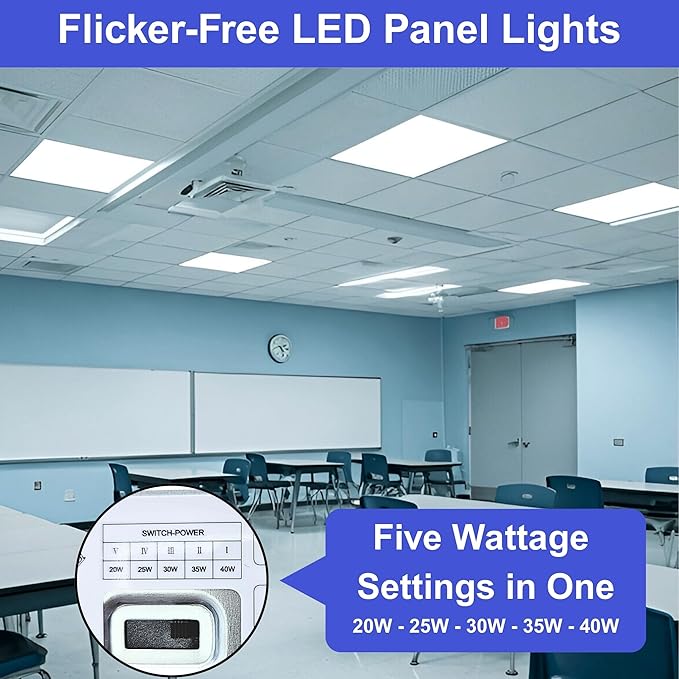2×2 LED Flat Panel Light 4-Pack – Dimmable, Selectable CCT (3000-6500K), 0-10V & TRIAC Compatible, UL/ETL, 4400 LM, Drop Ceiling Recessed Panels for Office & Classroom