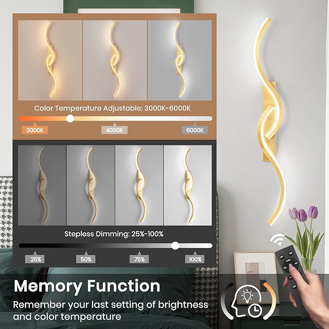 Battery Operated Wall Sconces, Rechargeable Wall Sconces, 3000K-6500K LED Wireless Wall Light, Modern Wall Lamp not Hardwired for Living Room Bedroom Hallway (Gold)