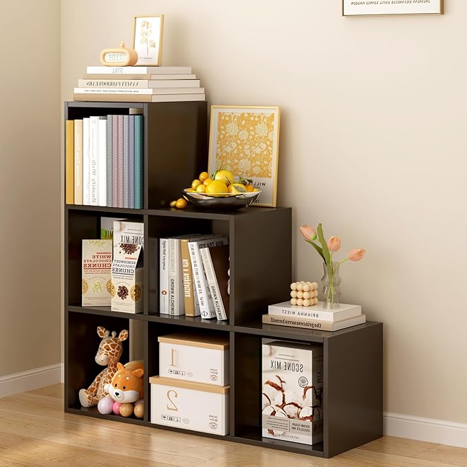 Ladder Cube Storage Bookcase - Wooden L-Shaped 3-Tier Corner Shelf, Reversible 6-Cube Organizer for Home & Office, Black