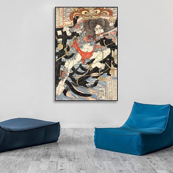 OKRA Utagawa Kuniyoshi Canvas Wall Art Zhang Shun Poses Poster Japanese Ukiyo-E Woodcut Art Animal Nature Landscape Poster Japanese Classic Wall Decor Unframed 16×24in/40×60cm