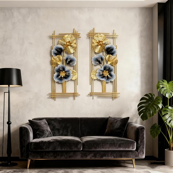 Metal 3D Wall Art Decor 2 Pcs 34" x 15" Wall Decor Handmade Golden Ginkgo Leaf Blue Flower Hanging Home Decor Wall Sculpture Modern for Living Room, Bedroom, Dining Room, Office and Hotel Large