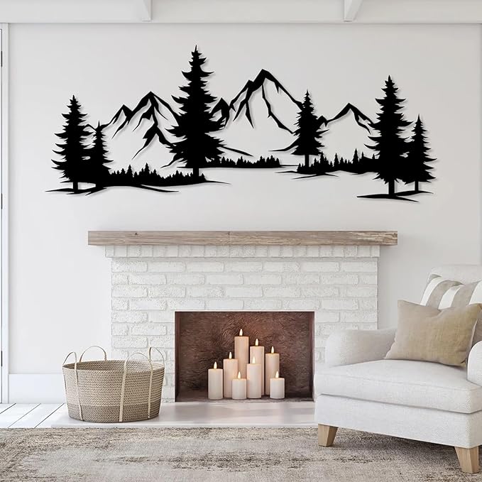 Metal Mountain Wall Art, Mountain Wall Decor, Forest Wall Hanging, Hill and Trees Metal Sign, Nature Range Wall Art, Nature Landscape for Living Room (Gold, 14"x35"|36x90cm)