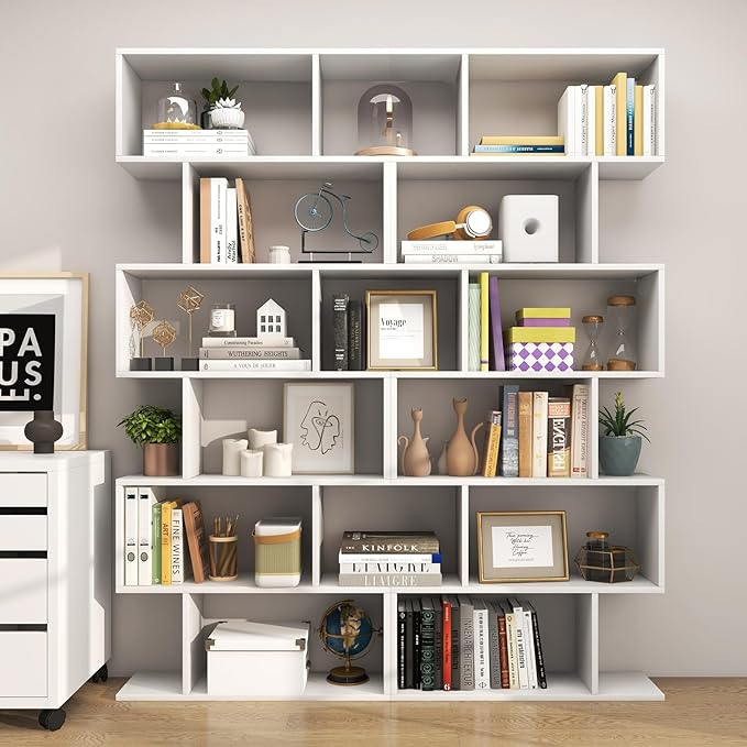 6 Tier Geometric Bookcase, S Shaped Bookshelf, Book Shelf Room Divider, Wood Freestanding Display Shelves, 75 Inch Staggered Bookshelf for Bedroom Living Room (2, White)