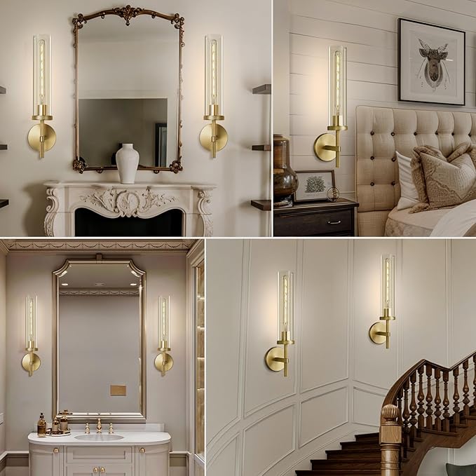 Antique Gold Wall Sconce 19.48" Modern Luxe Wall Lighting with Clear Glass Tube, Living Room Bedroom Bathroom Mirror Sconces, Staircase Decor Hallway Lamp Fixture(Including Bulb)