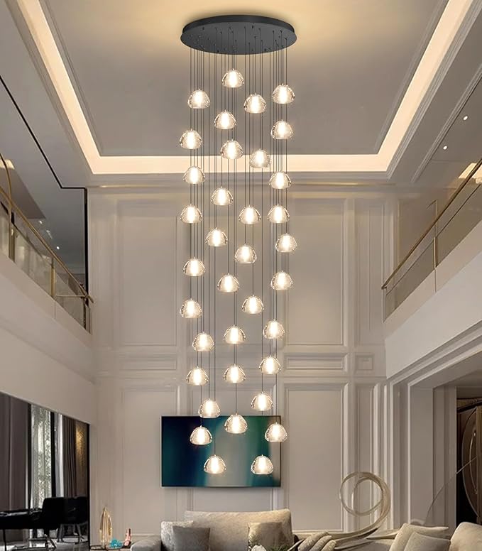 36 Light 216'' Long Large Crystal Chandeliers LED Chandeliers for High Ceiling Handing Light Fixture for Entrance Hallway Foyer Staircase Lobby Black