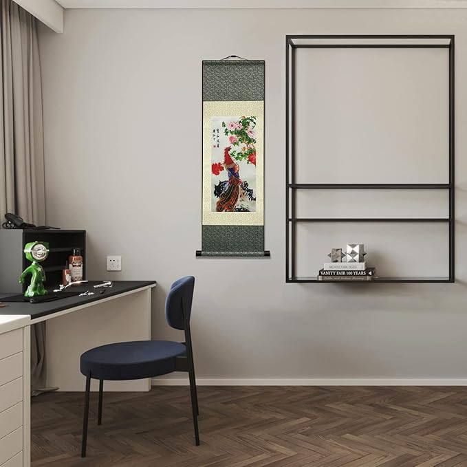 AtfArt Asian Wall Decor Beautiful Silk Scroll Painting Birds - Phoenix - Luan Xiang Feng Zhu Oriental Decor Chinese Art Wall Scroll Wall Hanging Painting Scroll (36.2 x 12 in)