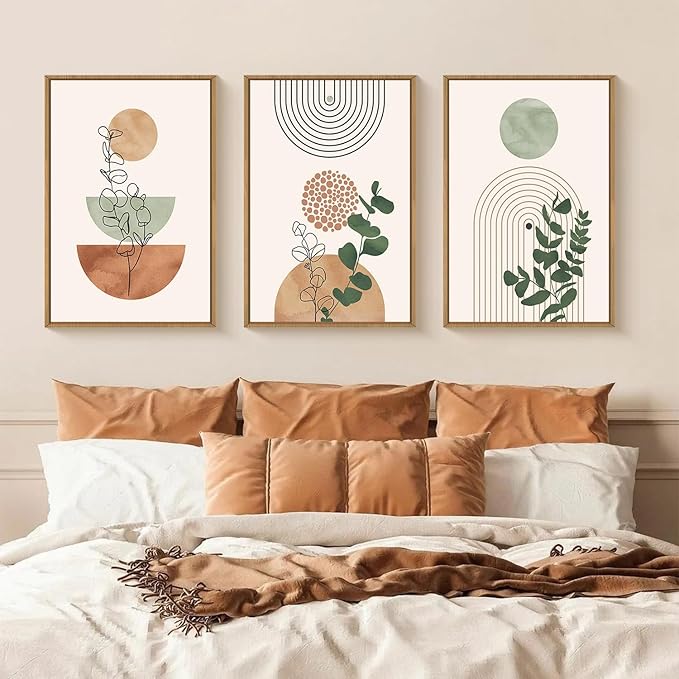 Boho Terracotta Green Framed Canvas Wall Art Set, Abstract Bohemian Wall Decor, Mid Century Modern Geometric Wall Painting, Neutral Botanical Art Print Living Room, Bedroom, Office 16"x24"x3