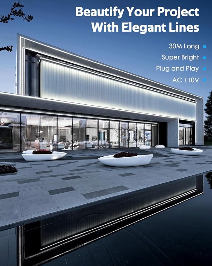 AC 110V~120V COB Led Strip Lights 100FT/30M White Led Rope Lights Outdoor Waterproof for Garden Patio Building Commerical Decor Dimmable Flexible Cob Lights with Remote Daylight White 6000k