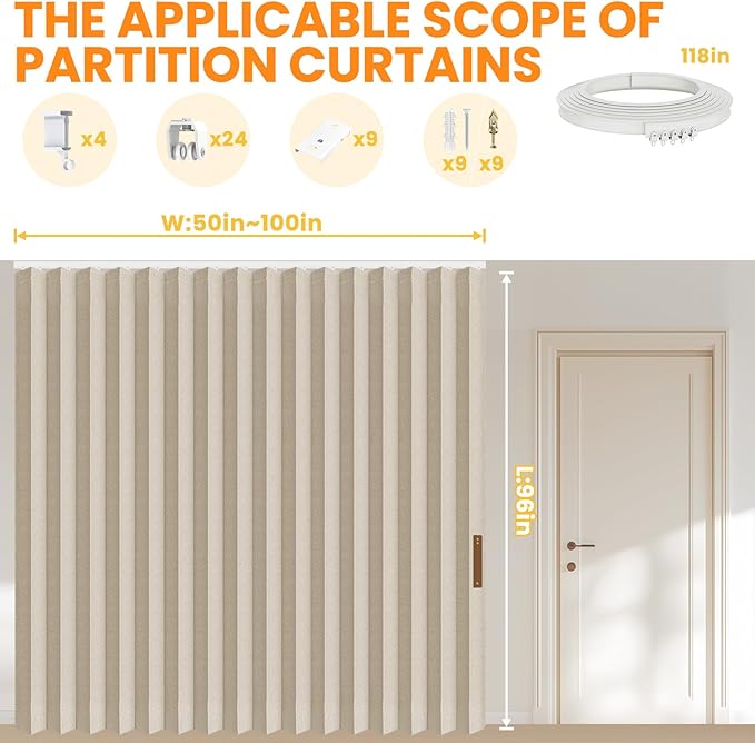 100% Blackout Room Divider Curtains Ceiling Curtain Track Sets Blackout Curtains Ceiling Track for Curtain Flexible Extra Wide(Beige, W100 x L96, 1 Pack)