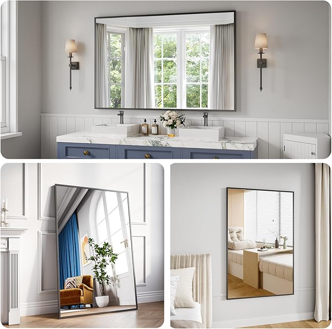 Bathroom Mirror 36x55 Black Bathroom Wall-Mounted Mirrors, Modern Vanity Mirror for Bedroom, Living Room, Aluminum Alloy Frame Allow to Hang Horizontally or Vertically