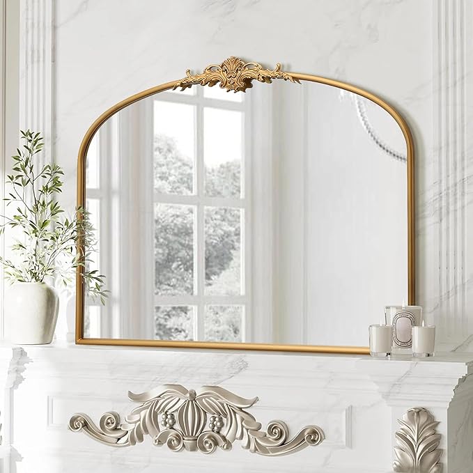 Antique Arched Gold Mirror: 40"x30" Large Gleaming Gold Vintage Wall Mounted Mirror - Baroque Traditional Ornate for Fireplace/Bathroom/Living Room - Home Decor for Homemakers