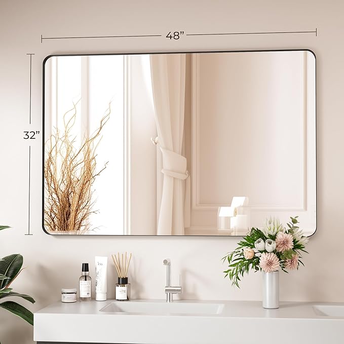 Black Bathroom Mirror 48X32 Inch Bathroom Vanity Mirror for Wall, Metal Frame Large Mirror, Tempered Glass, Modern Wall Mirror for Bathroom, Farmhouse, Horizontally or Vertically Hanging
