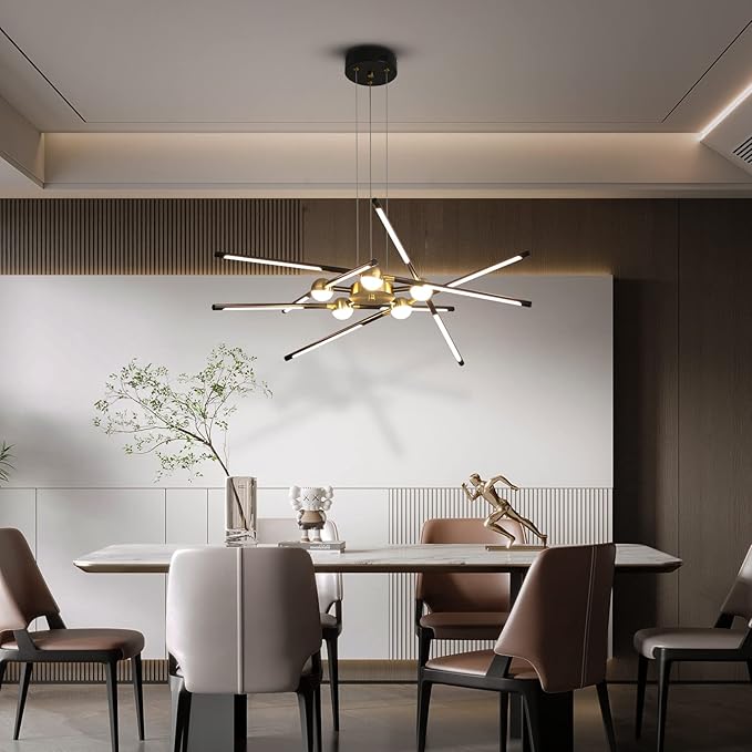 Modern Black chandelier,Sputnik Chandelier 10-Lights Dimmable Pluggable Hanging Ceiling Light Embedded Installation Fixture, Gold LED Pendant Light for Kitchen Island,Living Room Decoration