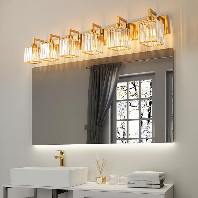 Modern Crystal Bathroom Vanity Light - 6-Lights Gold Brushed Brass Finish Wall Lamp
