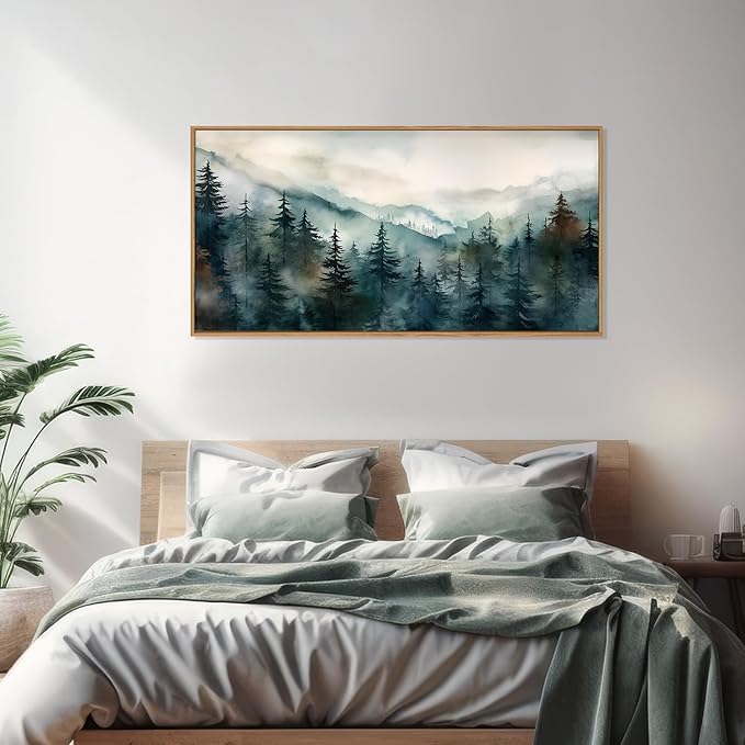 KAIRNE Watercolor Misty Forest Framed Canvas Wall Art Set, Nature Landscape Wall Decor, Foggy Mountain Pine Trees Wall Painting, Jungle Scenery Artwork for Living Room, Bedroom, Office 20"x40"