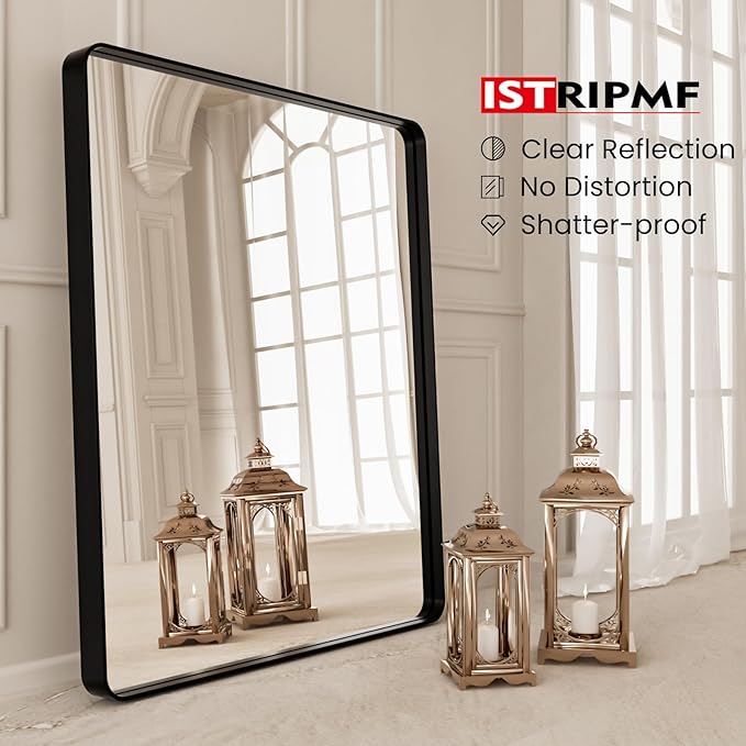 Black Bathroom Vanity Mirror 28x36 Inch,Rounded Rectangle Matte Black Mirror for Bathroom Wall,Tempered Glass,Horizontal or Vertical