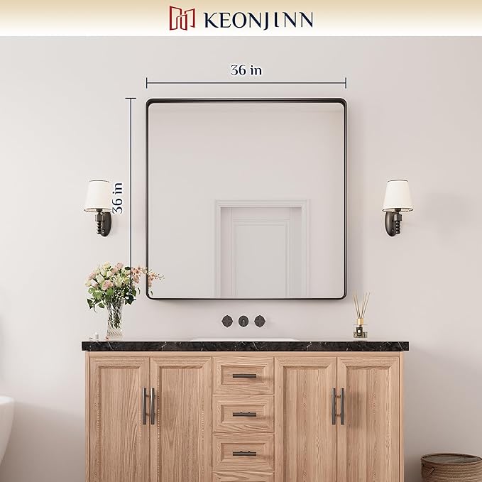 Keonjinn Black Bathroom Mirrors for Over Sink, 36 x 36 Inch Large Square Mirrors for Wall, Rounded Rectangle Matte Black Farmhouse Vanity Mirror, HD Tempered Glass Modern Mirror(Horizontal/Vertical)