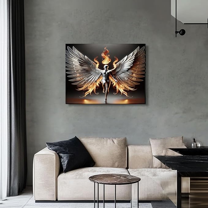 3D Metal Angel Wall Art Mural Futurism Poster Cybernetics Wing Warriors Canvas Printed Images Science Fiction Robot Artwork with Wings of Fire Modern Fantasy Gallery Decoration, Living Room Bedroom Office Manhole 12x16 inches