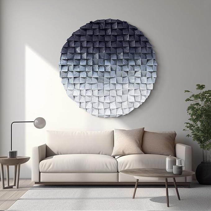LIUZEYUE - 3D wooden block decoration painting art wall decoration 3D wooden background wall living room bedroom study (blue gray gradient) Diameter 23.6"