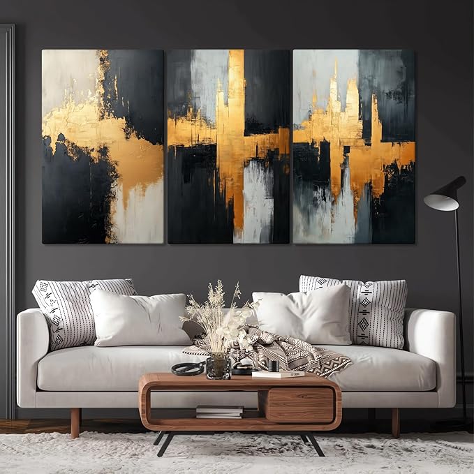Loitspo Abstract Painting Canvas Wall Art, Black Gold Abstract Wall Art, Simple Geometric Picture Painting, Minimalist Art Pictures for Living Room Bedroom (24" x 36" x 3pc)
