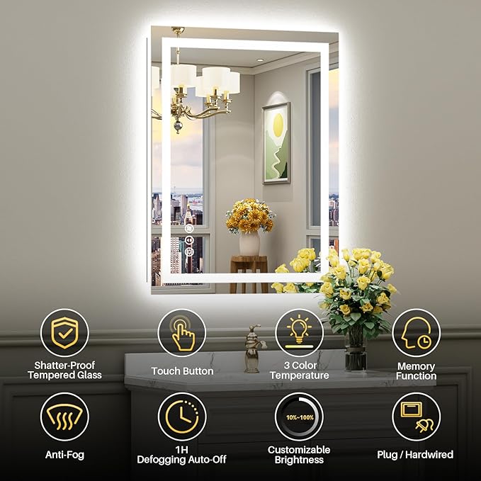 36"x32" LED Bathroom Mirror with Lights, Backlit & Front Lit, Anti-Fog Lighted Bathroom Vanity Mirror for Wall, Memory Function, Dimmable, HD Tempered Glass, Shatter-Proof