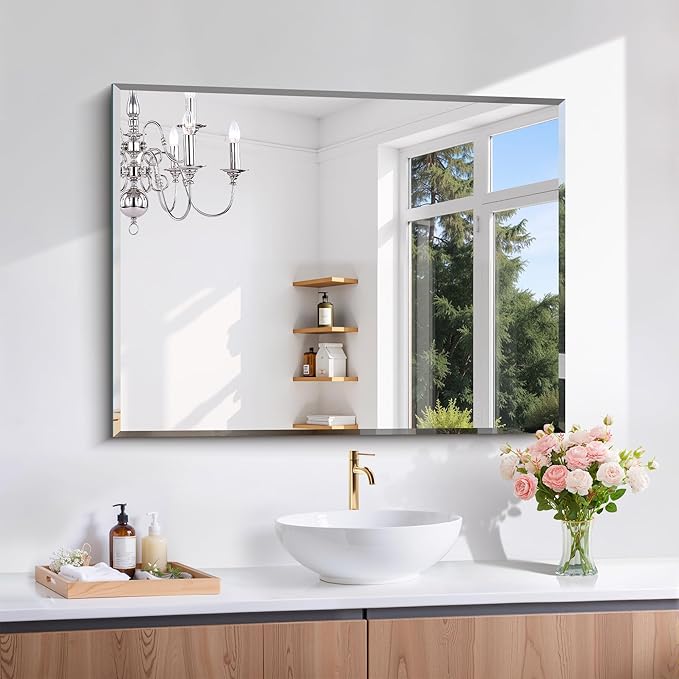 Beveled Bathroom Mirror, 30x40 Large Frameless Mirrors for Over Sink, Upgraded Shatterproof Beveled Frameless Vanity Mirror for Bathroom,Bedroom,Living Room and Entryway