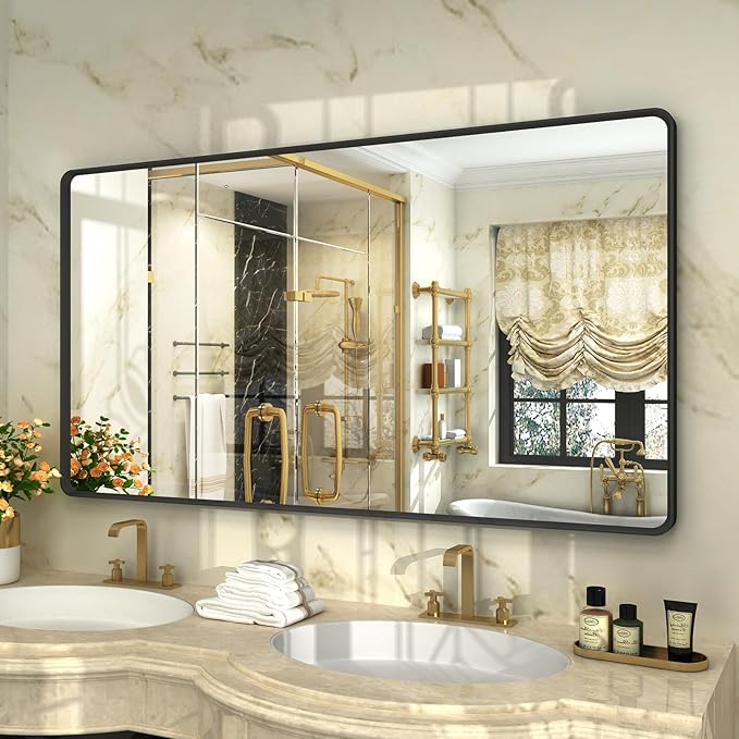 OKPAL Black Bathroom Mirror for Wall, 55X30 Inch Bathroom Vanity Mirror for Over 2 Sink, Metal Frame Rectangle Mirror, Rounded Corner, Anti-Rust, Shatterproof