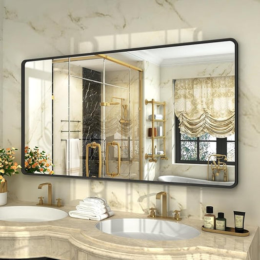 OKPAL Black Bathroom Mirror for Wall, 55X30 Inch Bathroom Vanity Mirror for Over 2 Sink, Metal Frame Rectangle Mirror, Rounded Corner, Anti-Rust, Shatterproof