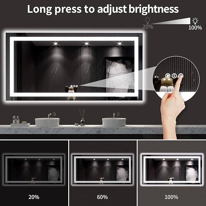 LOAAO 60X30 LED Bathroom Mirror with Lights, Anti-Fog, Dimmable, Backlit + Front Lit, Lighted Bathroom Vanity Mirror for Wall, Memory Function, Tempered Glass, ETL Listed