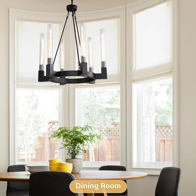 Black Farmhouse Wagon Wheel Chandelier with Glass Tube, 23.6 Inch Large Round 6-Light Luxurious Chandelier Fixture Ceiling Pendant Lighting for Living Room, Dining Room, Bedroom, Foyer