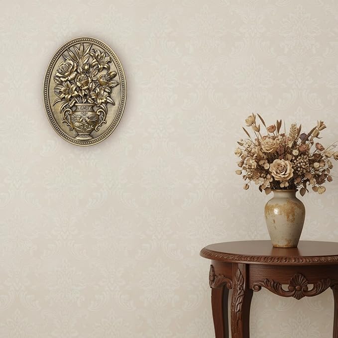Newinhome Vintage Flower Wall Sculpture, Antique Wall Decor, Hand Painted Wall Decorations with Embossed Flower Design, Antique Pediment, Gold Decor for Living Room Bedroom Hallway, Unique Gifts