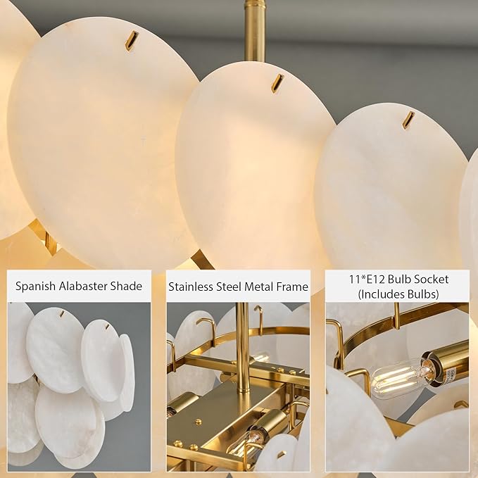 Alabaster Rectangle Chandelier, L39.4'' Natural Spanish Marble Stone Textur Chandeliers, 11-Light Dimmable Chandelier Over Table for Kitchen Island, Living Room, Hallway- Modern Luxury Lighting