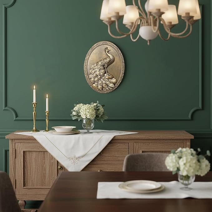 Newinhome Vintage Peacock Wall Sculpture Antique Wall Decor, Hand Painted Wall Decoration with Embossed Peacock Design, Gold Decor for Bedroom Living Room Hallway, Housewarming Gift