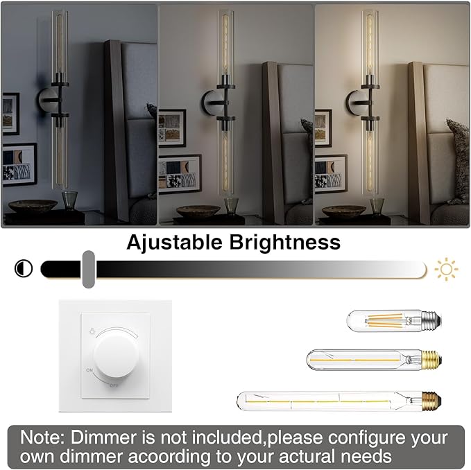 Black Wall Sconce, 30" Modern Knurled Wall Lighting with 2 Clear Glass Tubes, Double Vanity Light Fixture, Bathroom Wall Lamp, Bedroom, Living Room, Hallway Lighting, Hardwired (Including Bulb)