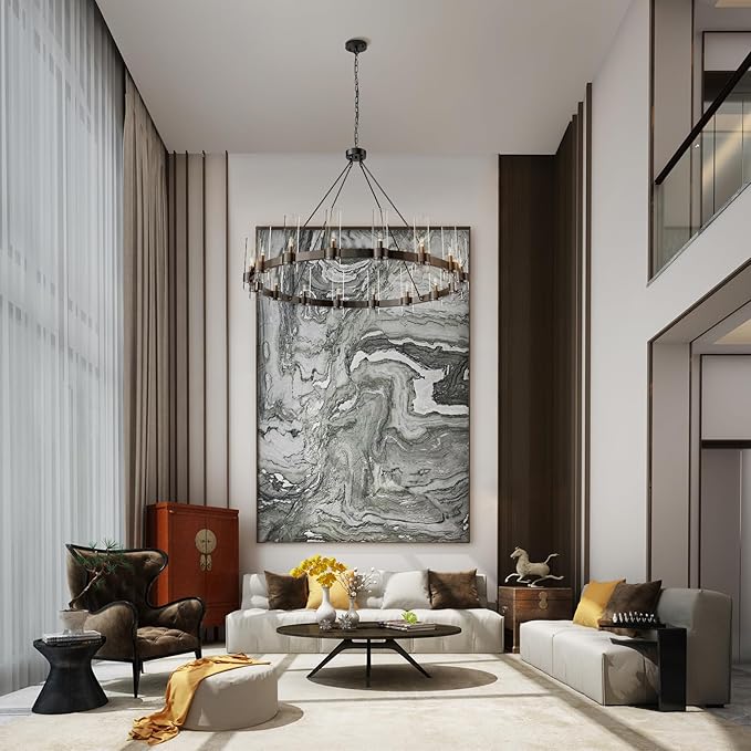 48 Inch Black Chandelier, Wagon Wheel Chandelier with Glass Shade, 16-Lights Large Round Modern Farmhouse High Ceiling Pendant Lighting Fixture for Dining Room, Living Room, Kitchen, Foyer