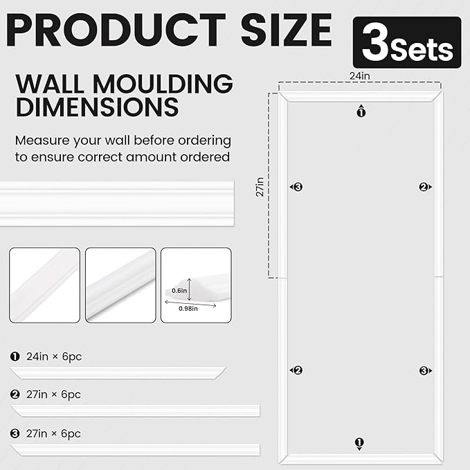 3 Sets Peel and Stick Wall Molding Kit, 54''x24'' Premade Wainscoting Accent Panels for Interior Wall Trim, Easy DIY Moulding Decor